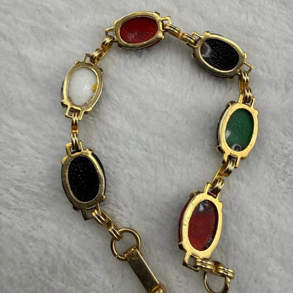 Vintage Millefiori Art Glass Bracelet Multicolor Gold Tone Link 6.5in